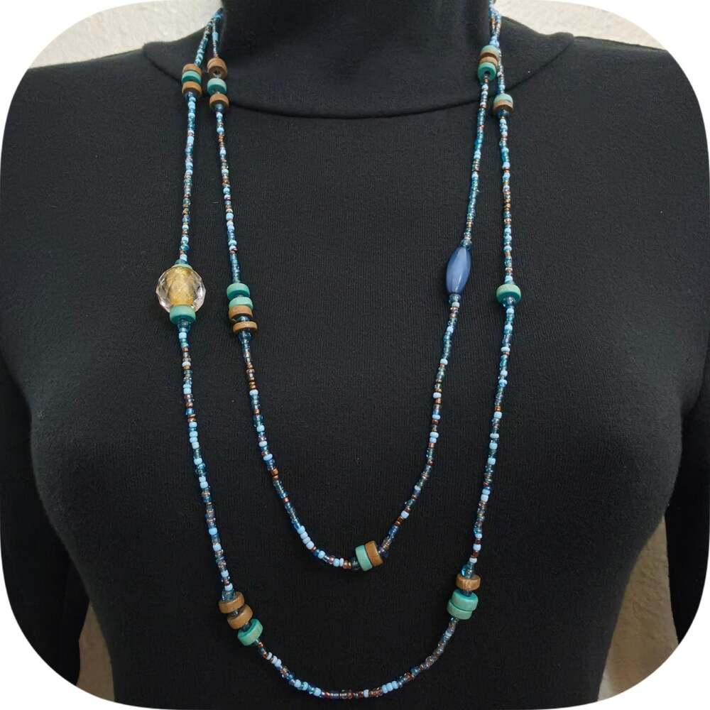Long Single-Strand Beaded Necklace with Blue, Turquoise, and Wood Beads